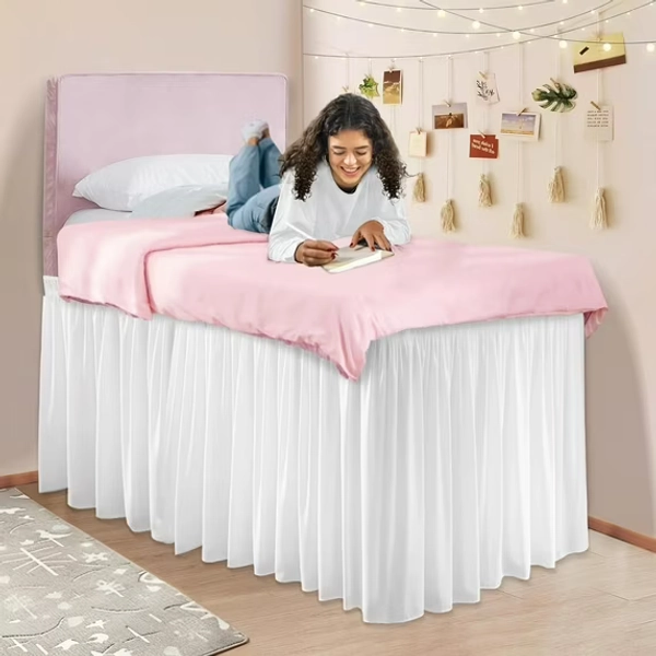 Dorm Bed Skirt for Twin-XL - 42" Drop College Dorm Room Bed Skirt, Pre-Shrunk Fabric Long Bed Skirt, Cute Ruffled Style Dorm Essentials for Students Girl Decoration & Hide The Clutter (White)