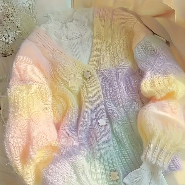 Sweet Cute Rainbow Color Block Button Cardigan