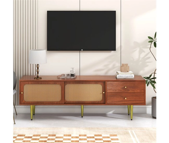 Móvel de TV 160x40x60 cm - Estilo moderno com portas de correr em rattan e gavetas - Nogueira e rattan escuro