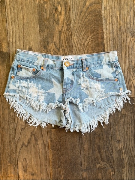 One Teaspooon Light Blue Star Print Distressed Denim Shorts
