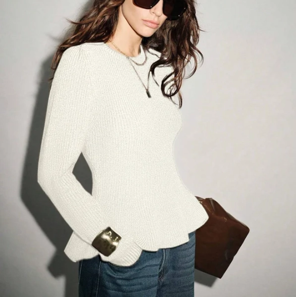 SHEIN New Style Round Neck Decorative Hem Ribbed Knit Sweater Knit Tops Sweater Top Women Sweaters,L