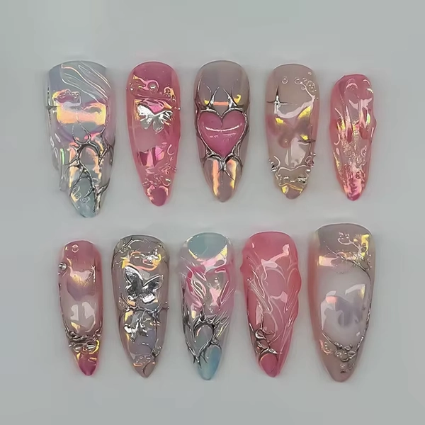 24pcs Silver Heart Gradient Fake Nails Short Almond
