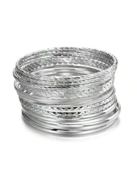12pcs Patterned Geometric Metal Bangle Bracelet Set, Silver Color