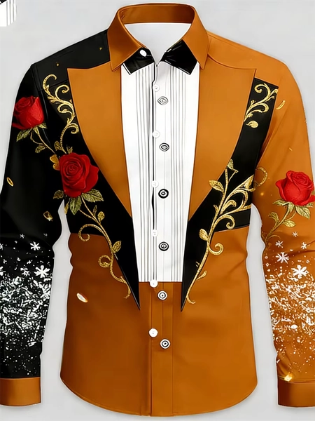 New 12 color men's long sleeved shirt with 3D rose print, high-quality glossy pattern, comfortable men's top - AliExpress 