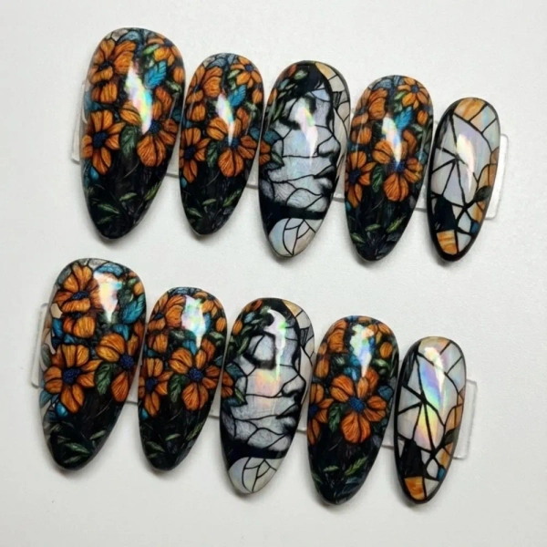 Handmade Kintsugi Press On Nails, Moody Floral Stained Glass Art