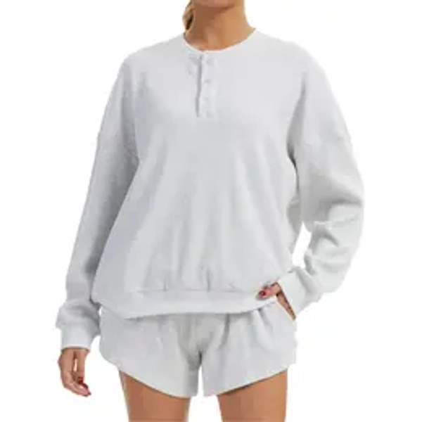 AnotherChill Women's Oversized Waffle Knit Lounge Set - Long Sleeve Henley Sweatshirt and High Waisted Shorts 2 Piece Casual Outfit