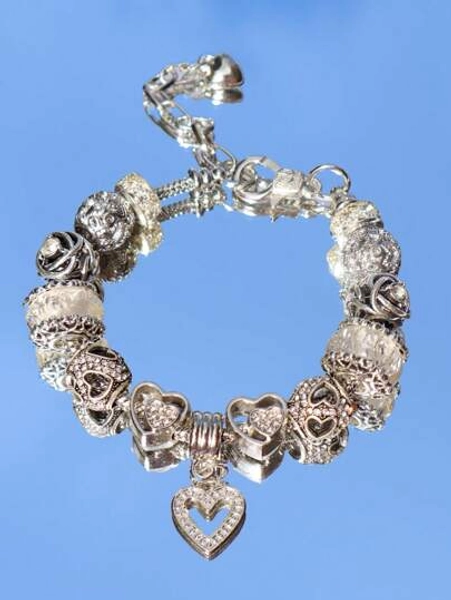 1pc Vintage Glass Heart Charm Bracelet, Classic Heart DIY Bracelet, Fashionable Heart Birthstone Bracelet, Birthday Commemorative Bracelet