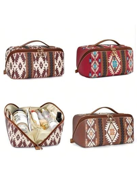 Western Travel Makeup Bag, Bohemian Cosmetic Bag For Women, Portable Pouch Open Toiletry Bag, Make Up Organizer With Divider And Handle Summer Travel, Vacation Home Bathroom Decor Holiday Makeup Organizer Bathroom Accessories Back To School