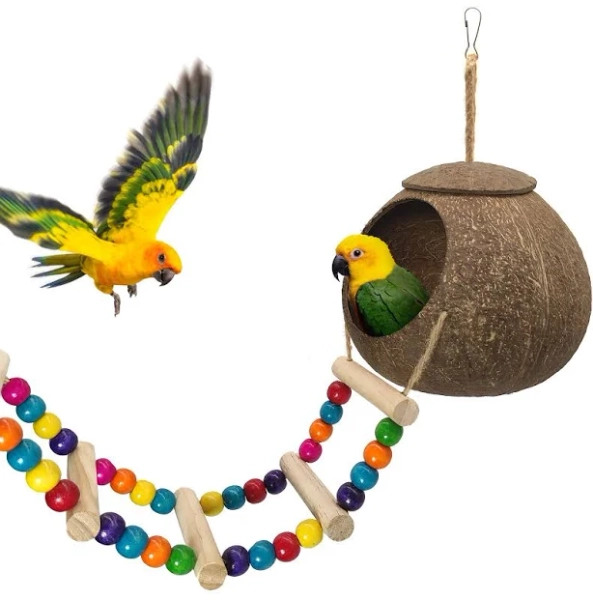 Okuna Outpost Hanging Coconut Bird House with Ladder and Shredder Toys