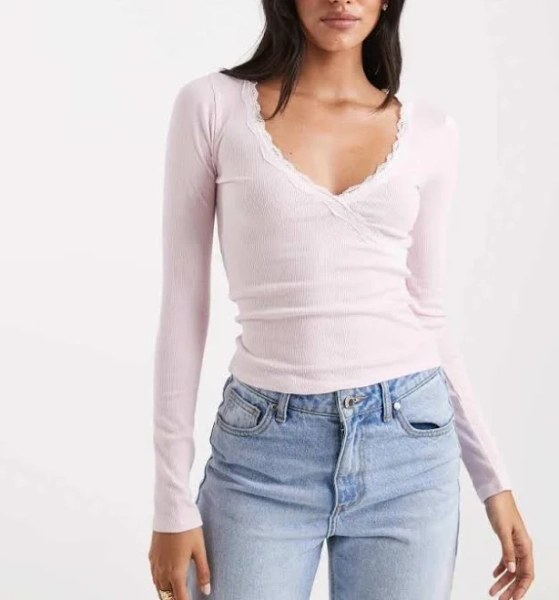 Hollister long sleeve lace trim top in pink