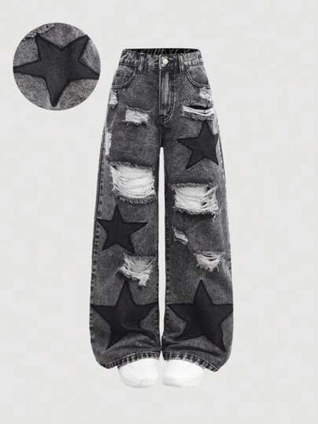 SHEIN Girlism Y2K Grunge Punk Girls' Loose Fit Distressed Star Patched Contrast Color Wide Leg Boy Friend Jeans, School,Streetwear