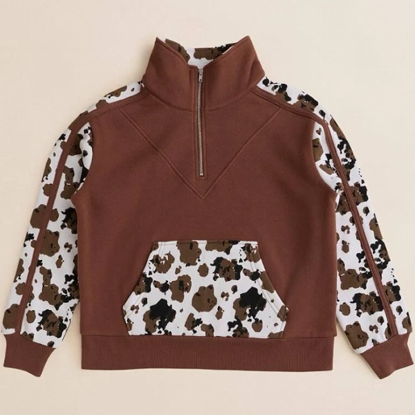 BKE Girl's Cotton Cow Print Color Block Pullover