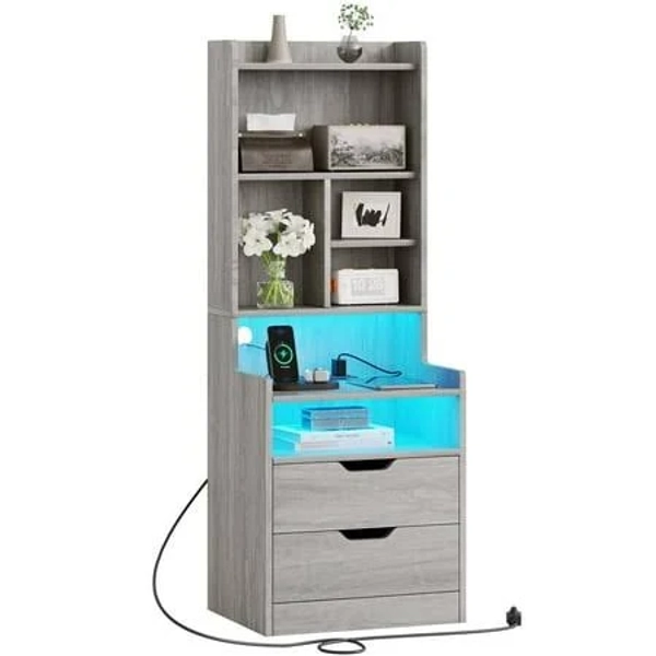 Afuhokles Tall Nightstand with Charging Station, LED Lights, Bookshelf, Bedside Table,