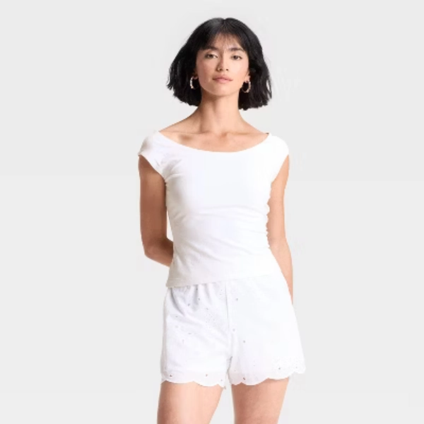 Women's Slim Fit Short Sleeve Off the Shoulder Top - A New Day™ White S