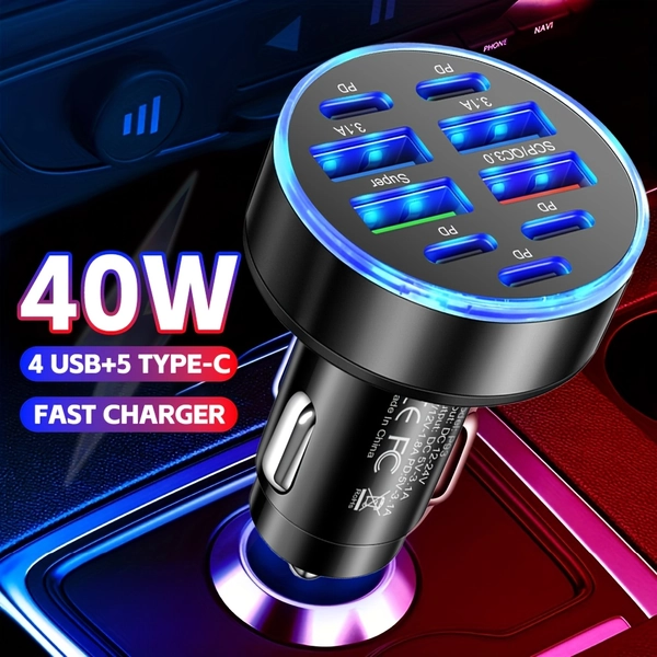 9 Ports Car Charger Fast Charging PD QC3.0 USB C Car Phone Charger Type C Adapter In Car For IPhone 16, For Samsung For Xiaomi