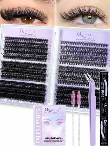 Lash Extensions Kit 504Pcs Lash Clusters Kit D Curl Cluster Eyelash Extensions Kit 30+40+50+60+80+100D Individual Lashes Kit With Lash Bond And Seal Lash Brush And Lash Tweezer DIY At Home By QUAFFLY (8-16mm)