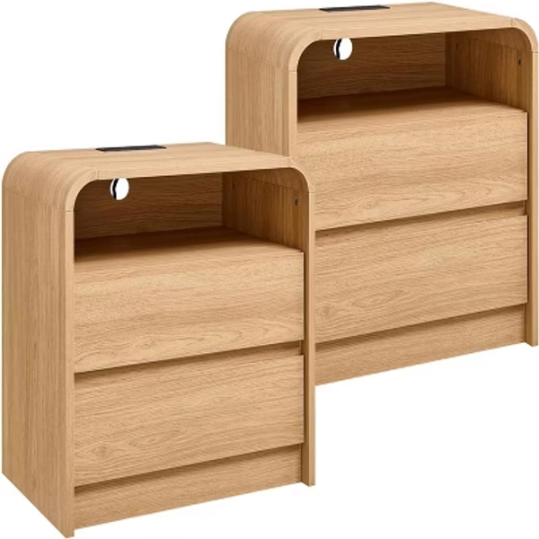 SinCiDo Set of 2 Nightstands, 25" Tall Modern Wood Bedside Table w/2 Drawers & Charging Station, Curved Profile, for Bedroom, Living Room, Natural