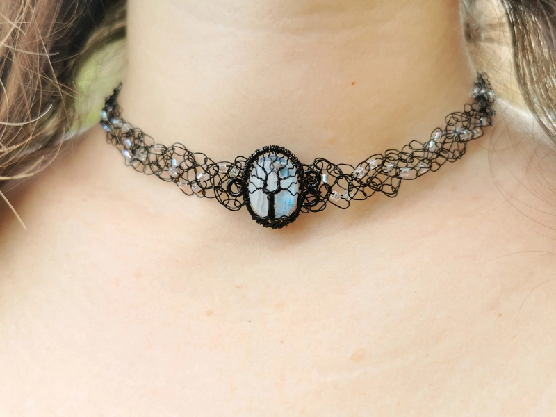 Wire crochet black choker with a moonstone