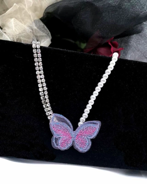 Lilac Pearl And Crystal Chain Butterfly Choker Necklace | Dahyun - Twice - Fashion Chingu