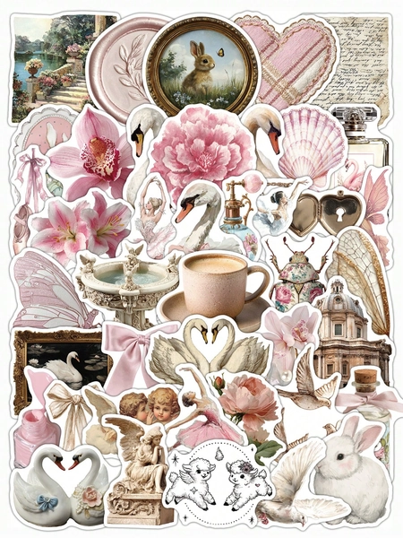 50pcs Vintage Ballet Style Stickers, With Swans/Flowers/Angels/Vintage Frames, Waterproof PVC Decorative Decals For Phone Case, Water Bottle, Laptop, Journal, Luggage, Skateboard, Guitar, Kindle, Scrapbook Supplies, Desk Accessorries, Cute Stickers