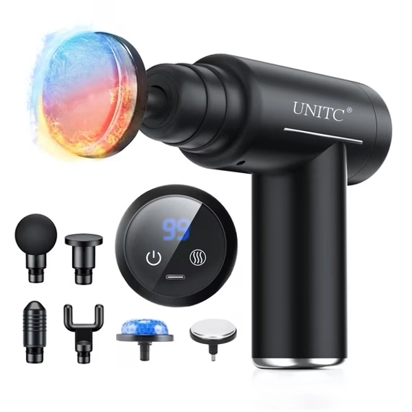 Unitc Mini Massage Gun with Heat & Cold, Deep Tissue Messager with 6 Heads - Black