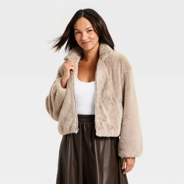 Women's Faux Fur Zip-Up Jacket - A New Day™ Light Gray Wash L
