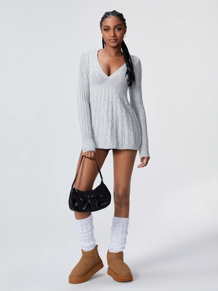 TRNVIE 1pc Women Relaxed V-Neck Long Sleeve Sweater With Waist Cinching, Cozy Christmas Style, Grey, Autumn/Winter,Long Sleeve Tops, Knit Pullover Fall