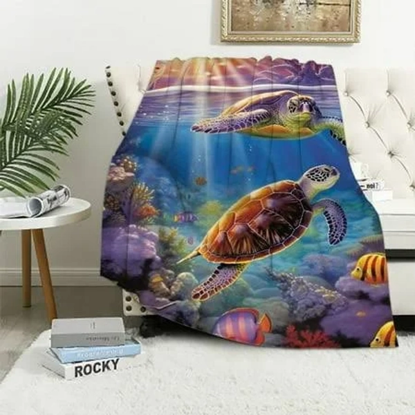 Comio Sea Turtle Throw Blanket 3D Turtle Blanket for Kids Boys Adults Women Purple Underwater Turquoise Fuzzy Blanket Sea Turtle Gifts for Turtle