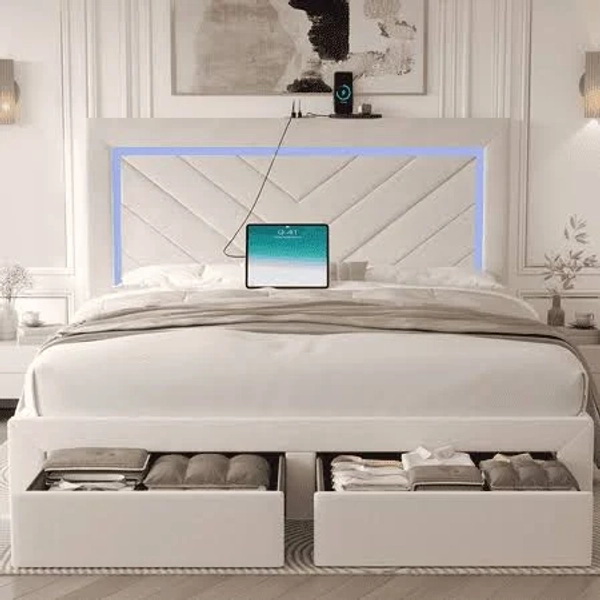 Fastroby Full Upholstered Bed Frame with LED Headboard & Storage Drawer