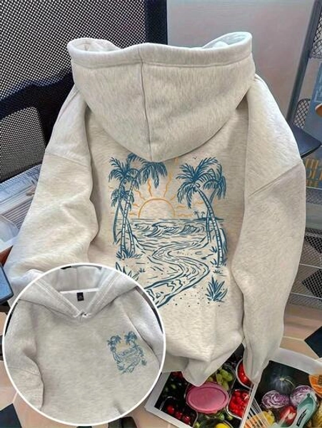Flirla Plus Size Women's Palm Tree Graphic Print Thermal Drawstring Hoodie