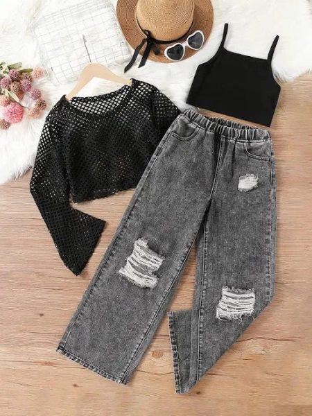 SHEIN Kids See-Through Camisole and Elastic Waist Ripped Jeans Outfit Set