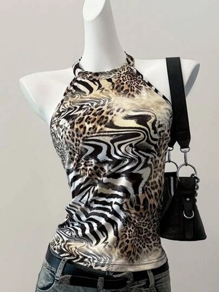 SHEIN EZwear Summer Concert Women Western Sexy Graphic Music Festival Graphic Leopard Backless Crop Tops Club Night Night Out Black And White Leopard Print - Size S
