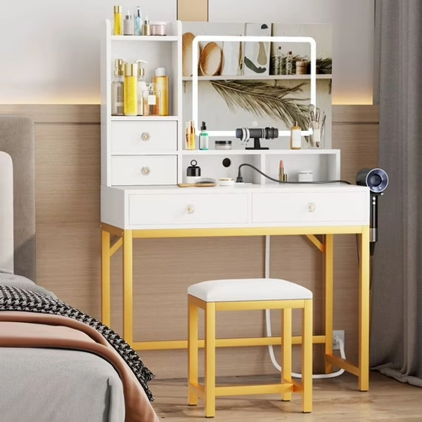 Satifur Vanity Set with Light & Mirror, Makeup Table with Outlet, Drawers & Stool for Women