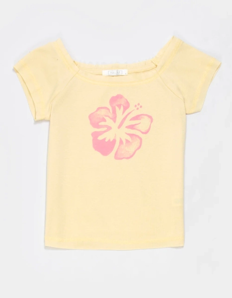 FULL TILT Hibiscus Girls Off The Shoulder Tee - LT YELLOW