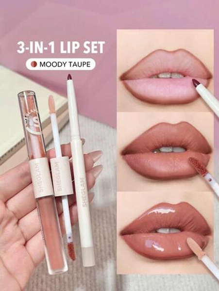 SHEGLAM Soft 90'S Glam Lip Liner E Lip Duo Set-Moody Taupe Lip Set 3-In-1 Lip Makeup Lip Gloss Rimpolpante Lipstick Idratante Estratti Vegetali Rossetto Liquido A Lunga Tenuta Lip Makeup Natale Brown Liquid Lipstick Marchio Bellezza Trucco Cosmetico Per Donne Ragazze Perfetto Per Autunno Inverno Ideale Per Y2K Elegante Moda Adatto Per Compleanno Natale Presente Festa Pronto Migliore Colore