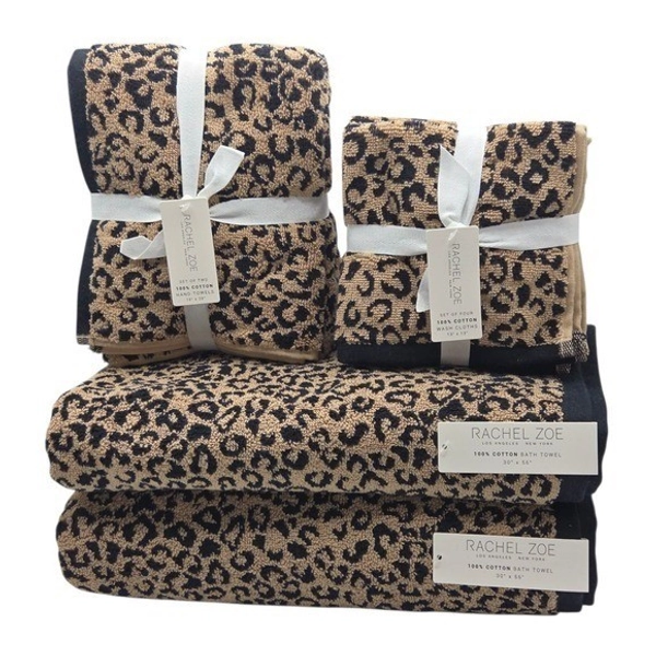 Rachel Zoe 8pc Leopard Cheetah Print Cotton Towel Set 2 Bath 2 Hand 4 Washcloths