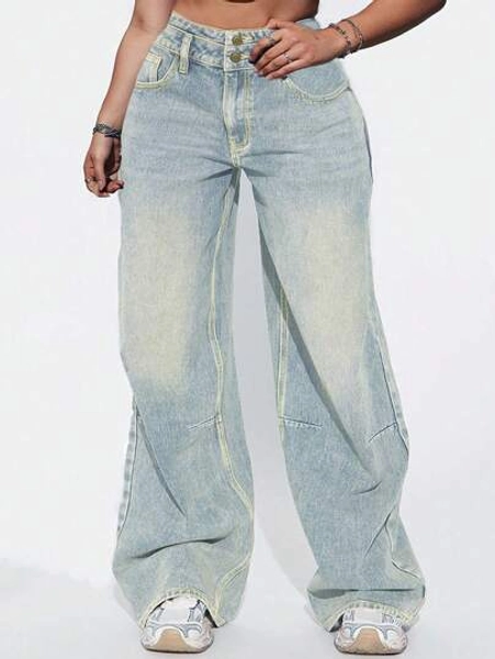 Breasted Design Boyfriend Style Light Blue Retro Denim Straight Pants Women's Autumn Casual Wide Leg Jeans