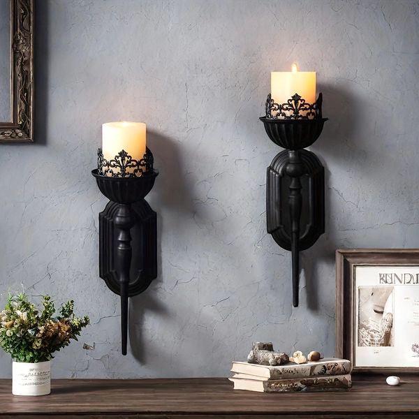 Gothic Wall Sconces Set of 2 - Black Vintage Metal Candle Holders for Spooky Halloween and Festive Christmas Decor