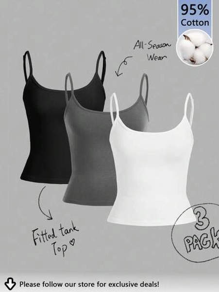 Tseoso 3pcs Women's Black, White, Gray 95% Cotton Camisole Crop Top, Sexy & Tight Fitting, Suitable For Summer & All Seasons Cotton Tank Tops Fur 3 Pack Tank Tops Fitted Tank Top Cami Tops Tank Tops Women Spaghetti Strap