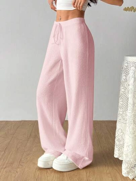 SHEIN EZwear Women's Casual Versatile Solid Color Ribbed Wide Leg Pants,Fall Comfy Pants Lounge Pants Pink Sweatpants