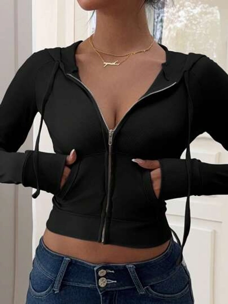 Rina Fox Women's Solid Color Long Sleeve Zipper Front Pocket Hooded Jacket, Autumn Fall Winter Cloth For Women