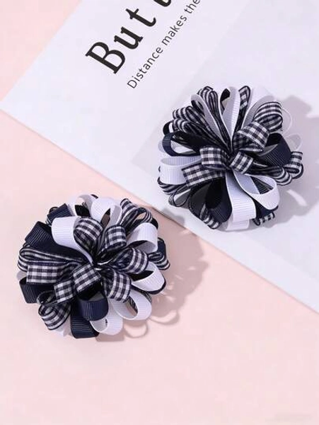 2pcs/Set Back To School Blue & White Satin Embroidered Pom Pom Hair Clips, Alligator Hair Clips, Cute Hair Accessories, Suitable For Girls, Kids, Students Party Favors