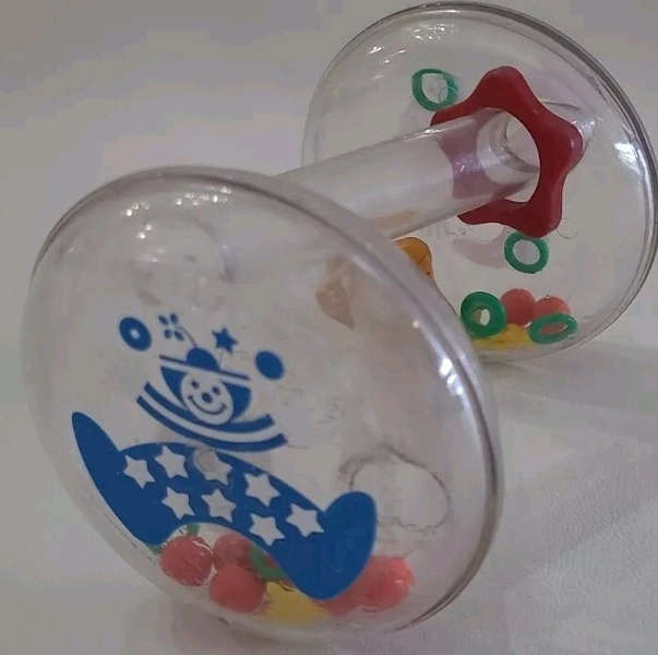 Vintage Johnson &amp; Johnson Clown Rolling Rattle Baby Clear Plastic 1980 Read ⬇️ 