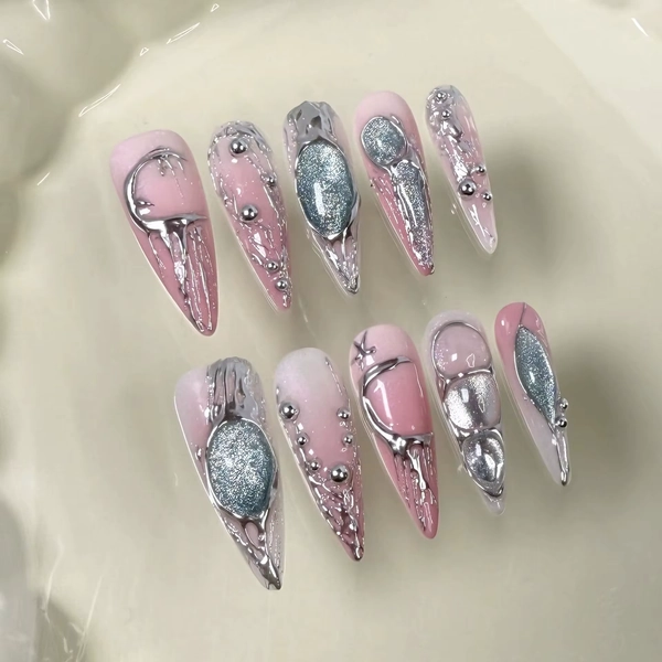 10Pcs Spice Girl Metallic Silver Stripes Handmade Fake Nails Long Blue-pink Cat Eye Design Detachable Stiletto Nail Tips Art Set - AliExpress 