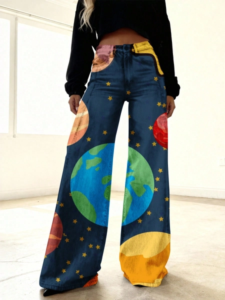 Women'S High-Waisted Stretchy Vintage Space-Themed Faux Denim - 3D Galaxy Print With Planets, Stars, Earth & Moon - Wide-Leg Flared Bell-Bottoms, Beltless Button Closure, Long Length For Fall/Winter Casual & Themed Events - Retro Cosmic Design (Comf