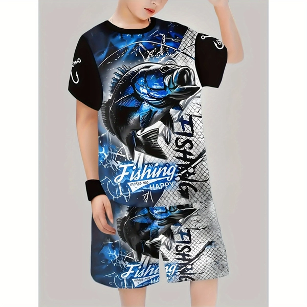 [Animal Print Summer Outfit] Animal Print Boys Summer Casual Short Outfit - Polyester Knit Fabric, Slightly Stretchy, Regular Fit Sportswear, Short Sleeve T-Shirt and Shorts, Suitable for Outdoor Activities