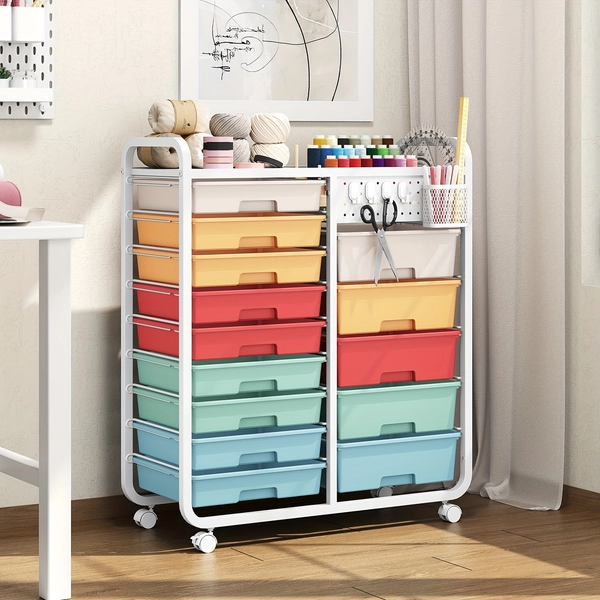 TOOLF 14-Drawer Rolling Storage Cart with Tabletop & Pegboard, Mobile Utility Cabinet on Wheels - Durable Metal Organizer with 14 Spacious Drawers, 3.2 Cu Ft Capacity & 27" Height for Home, Office, School, Craft, Art Supplies, Craft Storage Cart