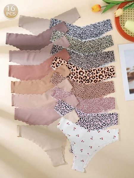 16Pcs Women's Seamless Wavy Edge Solid Color Sexy Leopard Print Panties Sets