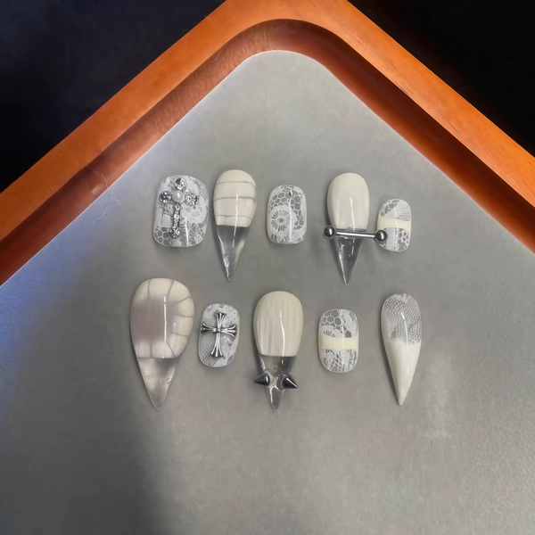10PCS Gradually changing white lace false nails with metal cross-shaped sharp studs that can be reused Street Fashion - AliExpress 