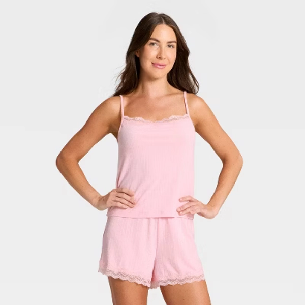 Women's Variegated Ribbed Tank Top and Shorts Pajama Set - Auden™ Pink M